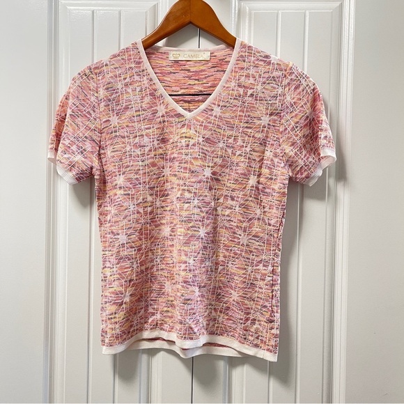 Vintage Camela Geometric Rainbow Knit V-Neck Tee Pink - Picture 2 of 13